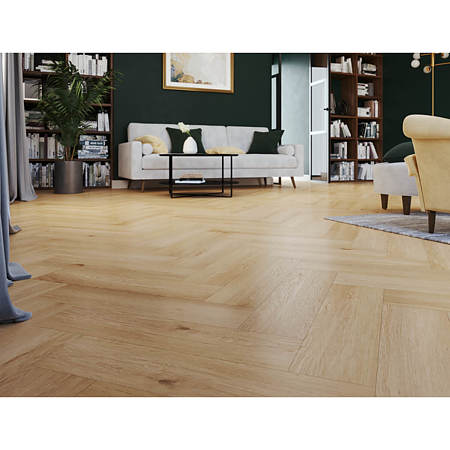 Pardoseala SPC 4,5 mm Afirmax Legnar Herringbone stejar Arvada, impermeabila, nuanta medie, clasa de trafic 33, sistem imbinare clic 5Gi, montaj herringbone placi A si B, 592 x 148 mm