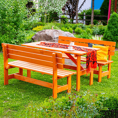 Set gradina masa si 2 banci Bucinmob Wiesbaden, lemn rasinoase, cires, 150 x 70 cm