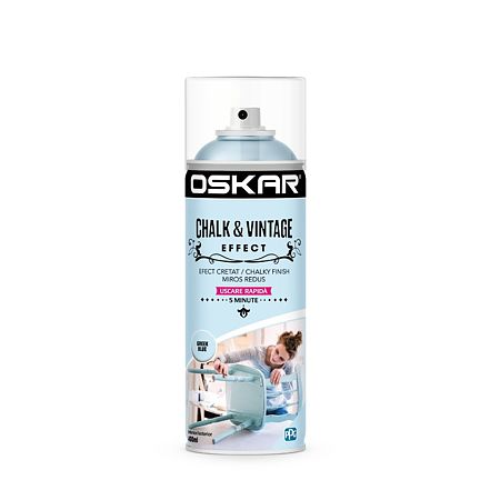 Vopsea spray pentru lemn / metal chalk & vintage efect Oskar, greek blue, mat, interior/exterior, 400 ml