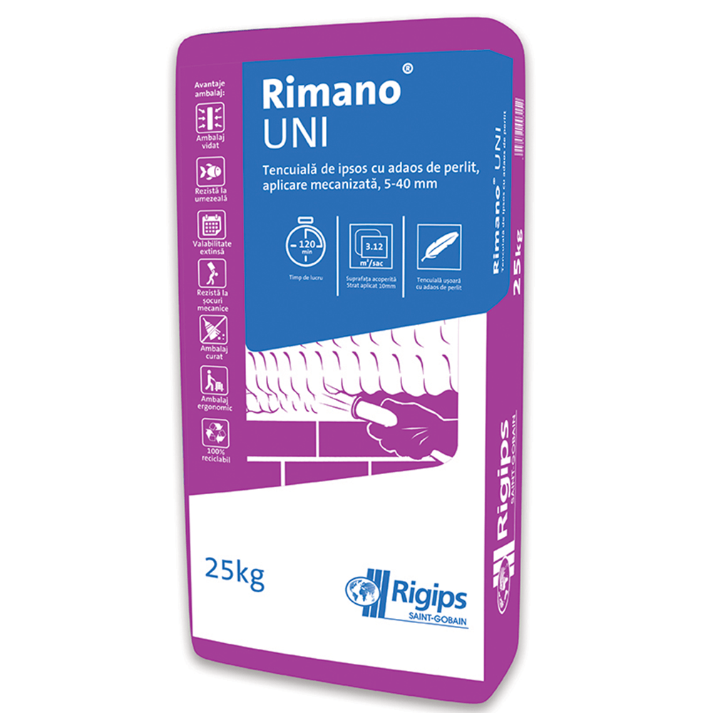 Tencuiala pe baza de ipsos Rigips Rimano Uni, aplicare mecanizata, pentru interior, 25 kg aplicare