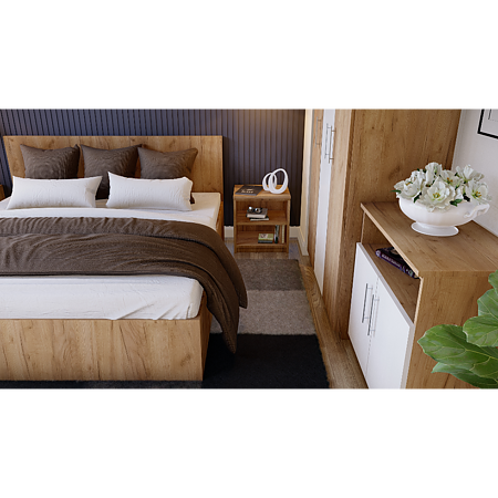 Dormitor modern Aurora, PAL melaminat, pat 2 persoane, dulap dressing, 2 noptiere, comoda tip dulap, stejar/ alb