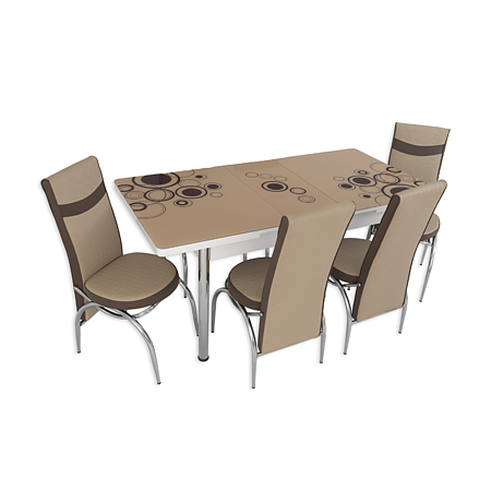Set masa extensibila cu 4 scaune, PAL, blat sticla securizata, maro + crem, 169 x 80 cm