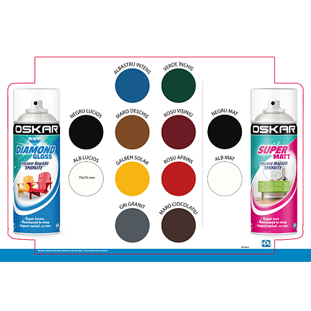 Vopsea spray pentru lemn / metal / ceramica Oskar Diamond Gloss, alb RAL 9010, lucios, interior/exterior, 400 ml Vopsea spray pentru lemn / metal / ceramica Oskar Diamond Gloss, alb RAL 9010, lucios, interior/exterior, 400 ml