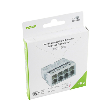 Conector imbinare Wago Push Wire, pentru conductori unifilari, 8 x 2.5 mmp, 10 A, gri, 10 bucati