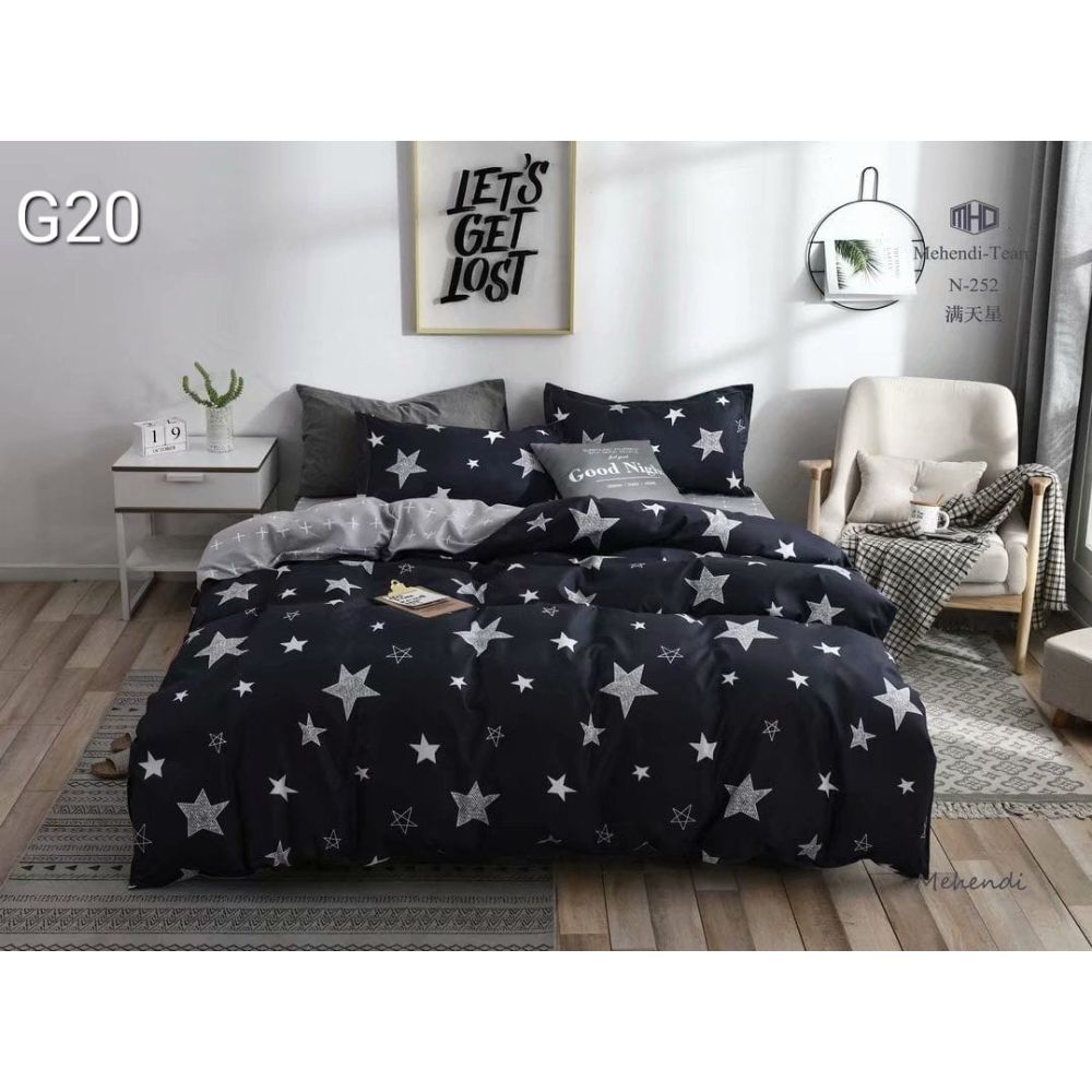 Lenjerie de pat, 2 persoane, Poly G20, microfibra 100%, 4 piese, negru, model stele 100