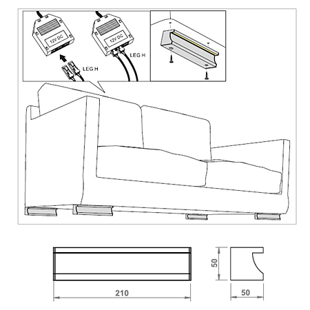 Picior de sofa Furnik LED LEG H, carcasa aluminiu, lumina alb, rece, 21 x 5 x 5 cm