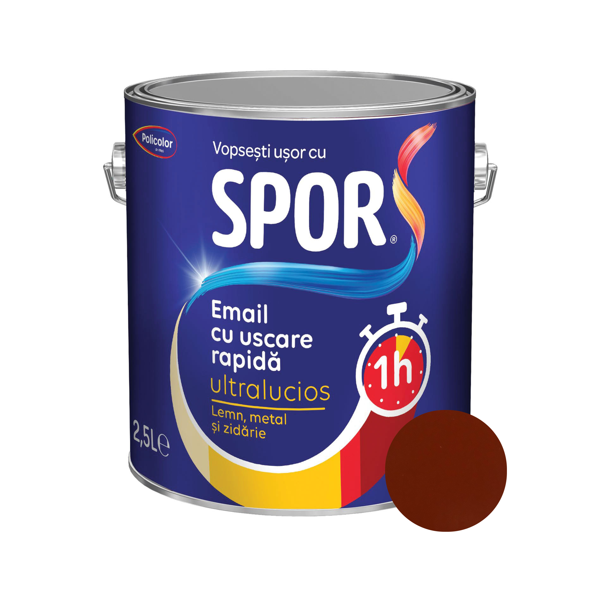 Email ultralucios Spor, pentru metal, interior/exterior, pe baza de rasini alchidice, maro roscat, 2.5 l 2.5