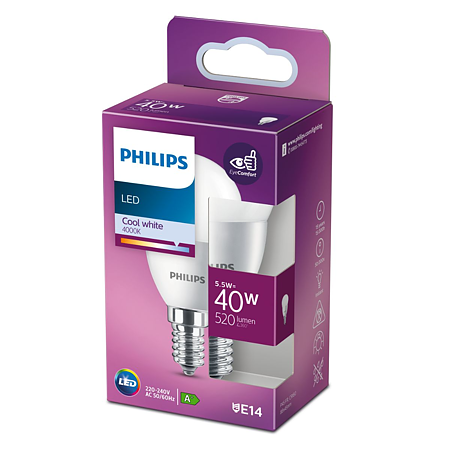 Bec LED lustra Philips, E14, 5.5 - 40W, alb, lumina rece 4000 K
