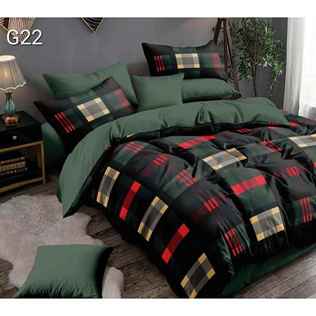 Lenjerie de pat, 2 persoane, Poly G22, microfibra 100%, 4 piese, negru-verde, model carouri