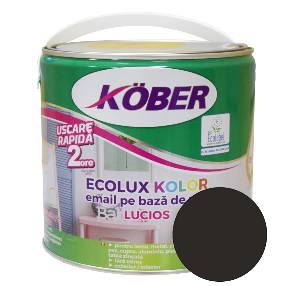 Email Kober Ecolux Kolor, Pentru Lemn/metal, Interior/exterior, Pe Baza De Apa, Negru Lucios, 2.5 L