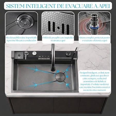 Chiuveta bucatarie multifunctionala smart BadenMob, 1 cuva, inox auriu, afisaj digital, doua cascade, spalator pahare, dozator detergent, baterie extensibila cu 3 functii, tocator, tava si sita inclusa, antizgarieturi, sistem preaplin, 75 x 45 x 22 cm