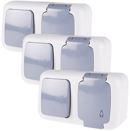 Intrerupator simplu + priza Elegant, Comtec MF0012-85800, gri, montaj aparent, IP54