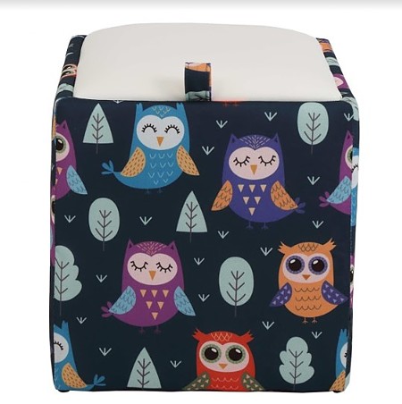 Taburet Box piele ecologica, microfibra, albastru/alb, cu depozitare, 37 x 37 x 42 cm