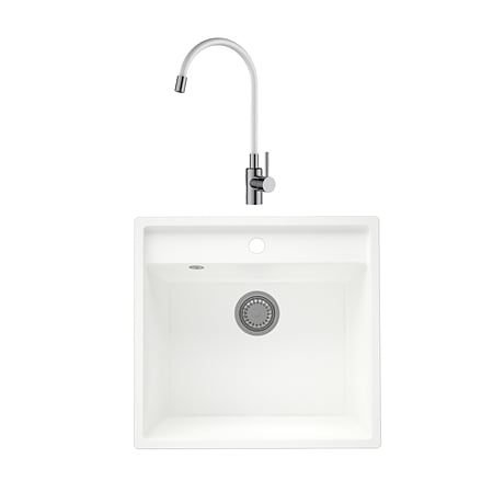 Chiuveta de bucatarie SanDonna Selena, granit compozit, alb cu baterie flexibila Lola, alb-crom, 53 x 50 cm