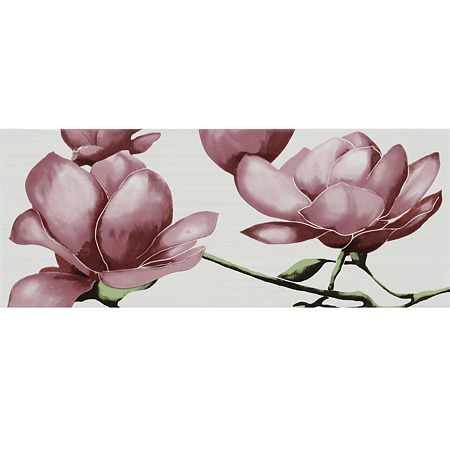 Faianta decor Rak Ceramics Blossom, finisaj estetic, gri deschis, model floral violet, 20 x 50 cm