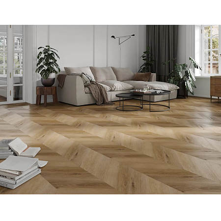Pardoseala SPC 4,5 mm Afirmax Chevron stejar Frisco, impermeabila, nuanta medie, clasa de trafic 32, sistem de imbinare clic 5G, montaj chevron placi A si B,  600 x 120 mm
