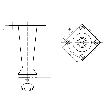 Picior bucatarie drept H50 mm crom