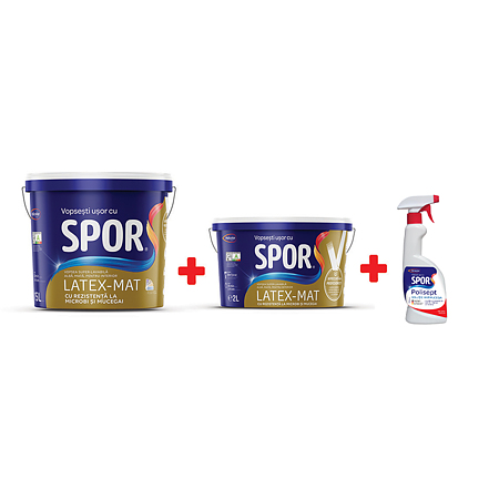 Vopsea super-lavabila interior, Spor latex-mat, alba, 15 l + 2 l + solutie antimucegai Spor Polisept