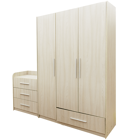 Dormitor modern Andrei, pal melaminat, pat cu noptiere, dulap dressing 3 usi, comoda cu 3 sertare, sonoma