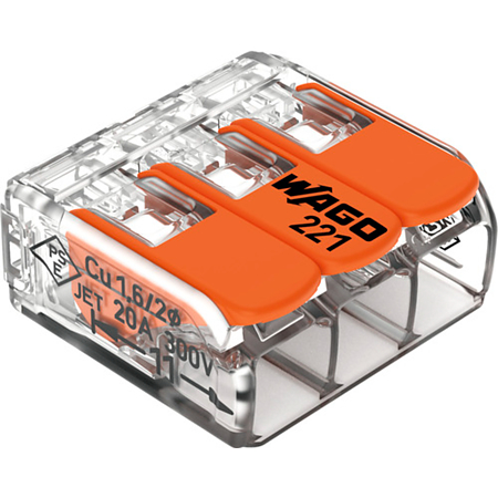 Conector imbinare cu parghii Wago Push Wire 221-413, pentru conductori unifilari, 3 x 4 mmp, 30 A, transparent, 12 bucati Conector imbinare cu parghii Wago Push Wire 221-413, pentru conductori unifilari, 3 x 4 mmp, 30 A, transparent, 12 bucati