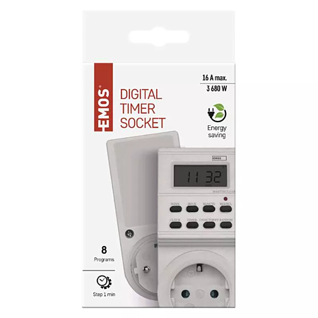 Priza digitala programabila Emos P5521 TS-ED1, 16A, maxim 3680 W, IP20, 130 x 57 x 87 mm