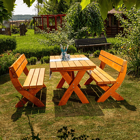 Set gradina masa si 2 banci Bucin Mob Wien, 6 persoane, dreptunghiulare, lemn masiv rasinoase, nuanta cires, 1.8 x 0.8 m Set gradina masa si 2 banci Bucin Mob Wien, 6 persoane, dreptunghiulare, lemn masiv rasinoase, nuanta cires, 1.8 x 0.8 m