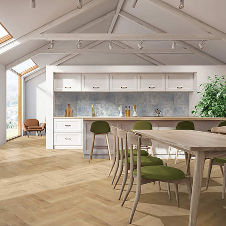 Gresie exterior/interior Cesarom Pavimento, portelanata, rectificata, bej, mat, decor parchet, PEI 4, clasa de aderenta R9, grosime 9 mm, 60 x 15 cm