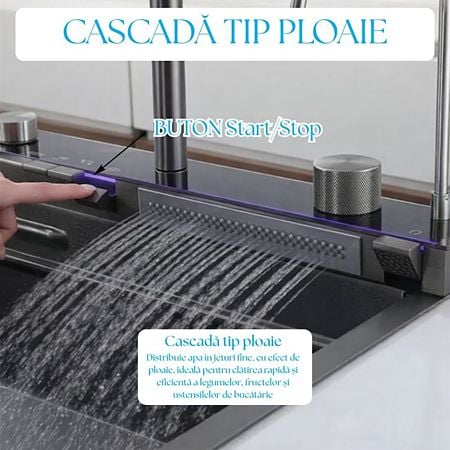Chiuveta bucatarie multifunctionala smart BadenMob, 1 cuva, inox auriu, afisaj digital, doua cascade, spalator pahare, dozator detergent, baterie extensibila cu 3 functii, tocator, tava si sita inclusa, antizgarieturi, sistem preaplin, 75 x 45 x 22 cm