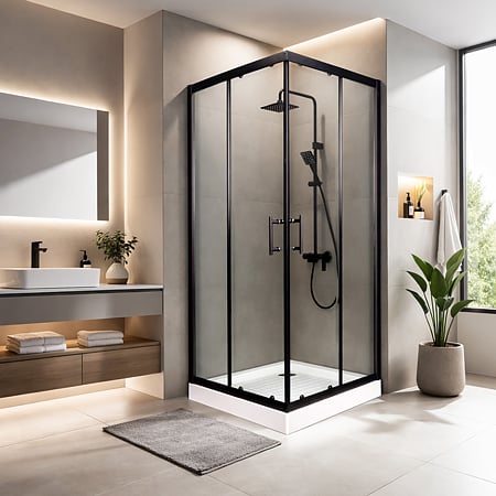 Cabina de dus Sanotechnik Elite Ecoblack, patrata, sticla 6 mm, Easy-Clean, profile aluminiu negre mate, 90 x 90 x 208 cm