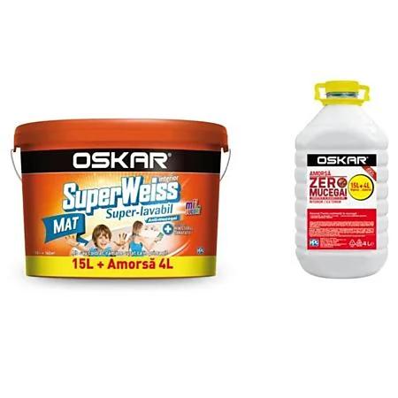 Vopsea lavabila interior Oskar Superweiss, alb, mat, 15 l + amorsa 4 l