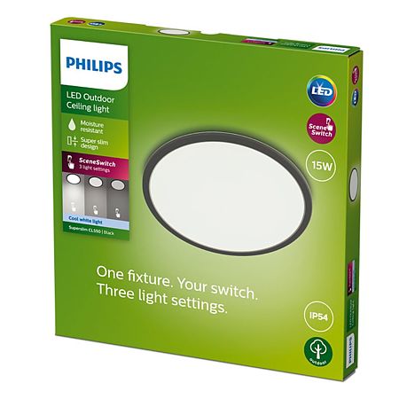 Corp de iluminat exterior Philips SuperSlim, lumina calda (2700K), negru, IP54, 15 W, 25 cm