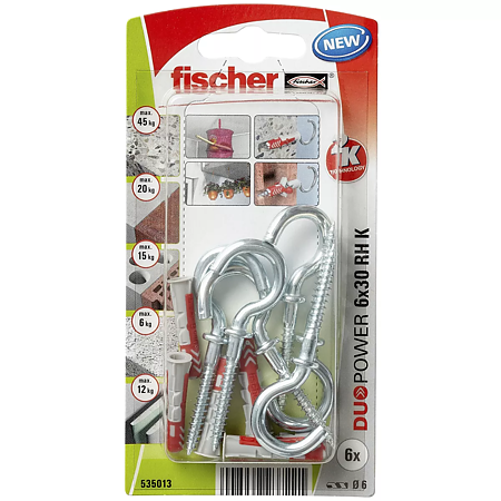 Diblu cu surub cap carlig Fischer Duopower, nylon, 6 x 30 mm, 6 bucati