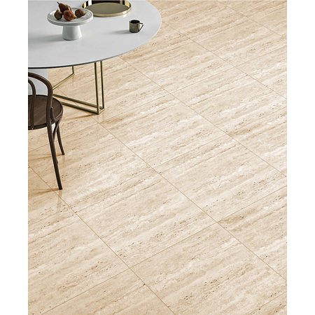 Gresie interior crem Travertino Silver Polish, rectificata, glazurata, finisaj lucios, patrata, grosime 10 mm, 60 x 60 cm