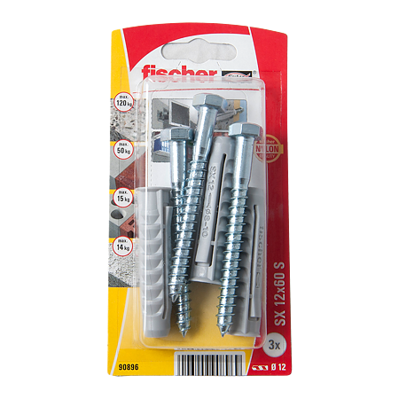 Diblu din nailon cu surub, Fischer SX, 12 x 60 mm, 8 x 80 mm, 3 buc