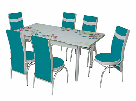 Set masa extensibila cu 6 scaune, Arta Primavera din pal melaminat albastru/alb, 169 x 80 cm
