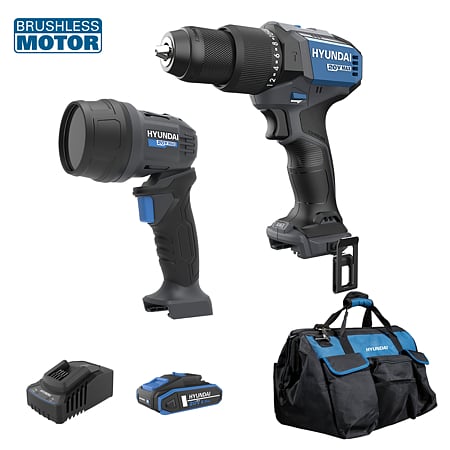 Set masina de gaurit si insurubat cu percutie brushless Hyundai HD20X-60TT + lampa LED Hyundai WL20S-250 Solo, 1 accumulator 20V 2Ah, incarcator, geanta