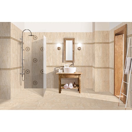 Gresie interior bej Cesarom Travertine, PEI 5, portelanata, glazurata, finisaj semilucios, patrata, grosime 7.5 mm, 33 x 33 cm
