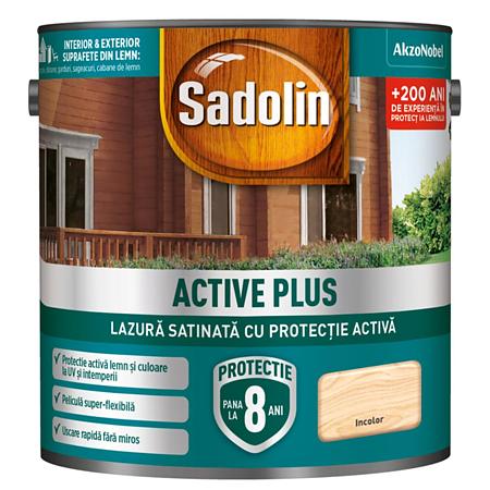 Lazura satinata pentru protectia lemnului Sadolin Active Plus WB, incolor, interior/exterior, 2.5 l