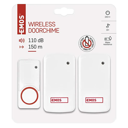 Sonerie wireless Emos P5750.2R, 1 buton, 2 module interior, 150 m, IP44, 10 melodii