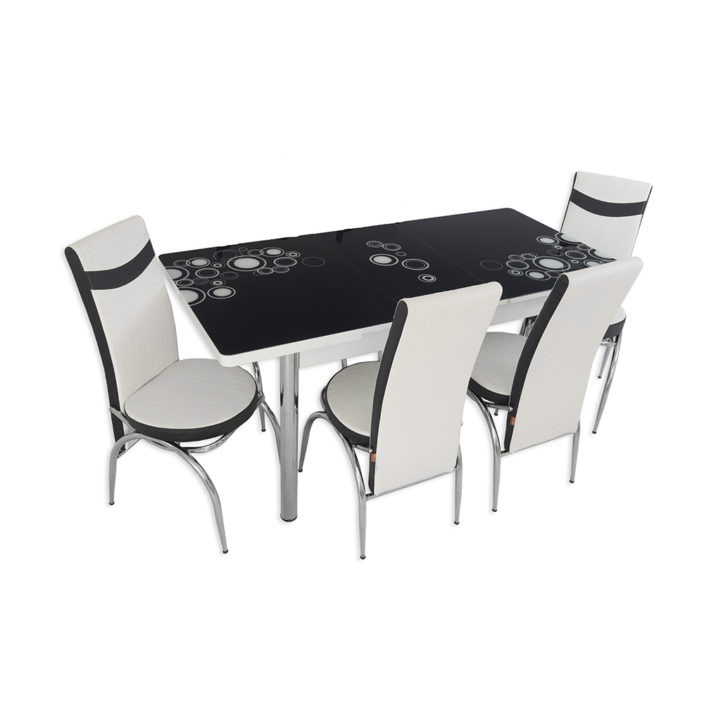 Set masa extensibila cu 4 scaune, PAL, blat sticla securizata, alb + negru, 169 x 80 cm 169