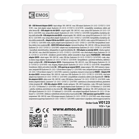 Adaptor USB universal Emos Quick, 1 USB, 3A, 18 W, alb