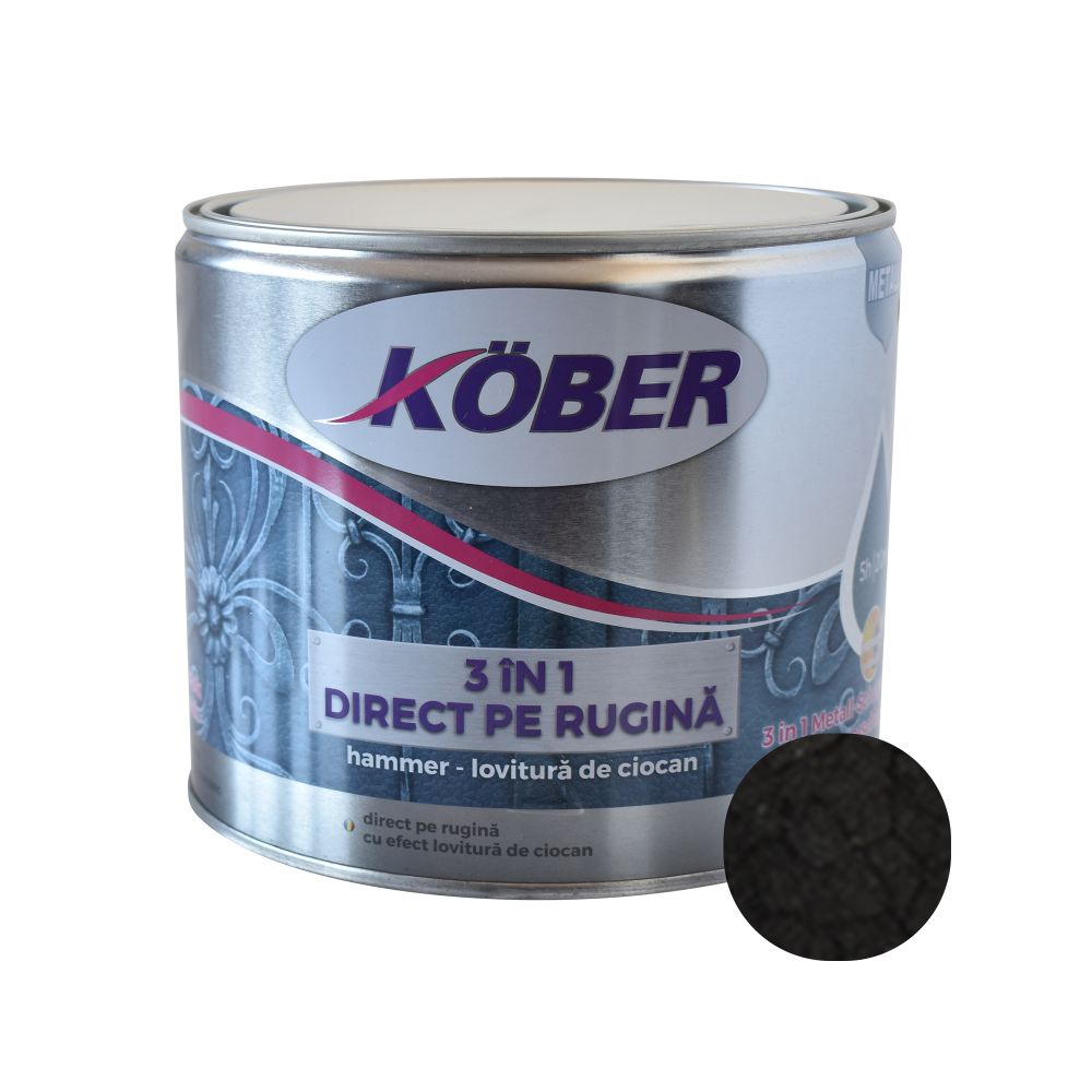Vopsea alchidica pentru metal Kober 3 in 1 Hammer,interior/exterior, negru, 2.5 l 2.5