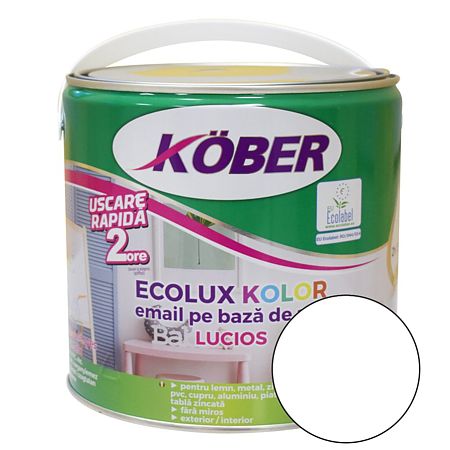 Email Kober Ecolux Kolor, pentru lemn/metal, interior/exterior, pe baza de apa, alb lucios, 2.5 l