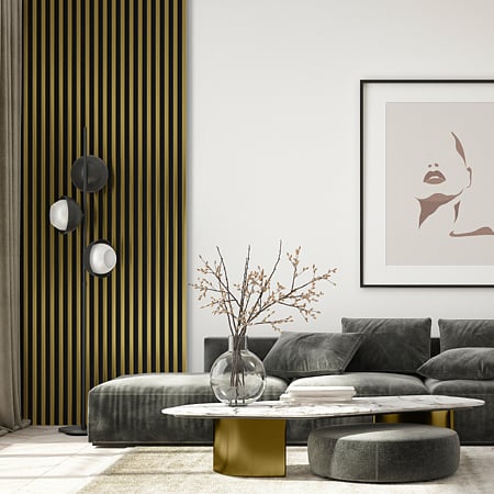 Panou decorativ Linea Slim, 3 lamele, MDF, auriu/negru, interior, 265 x 15 cm