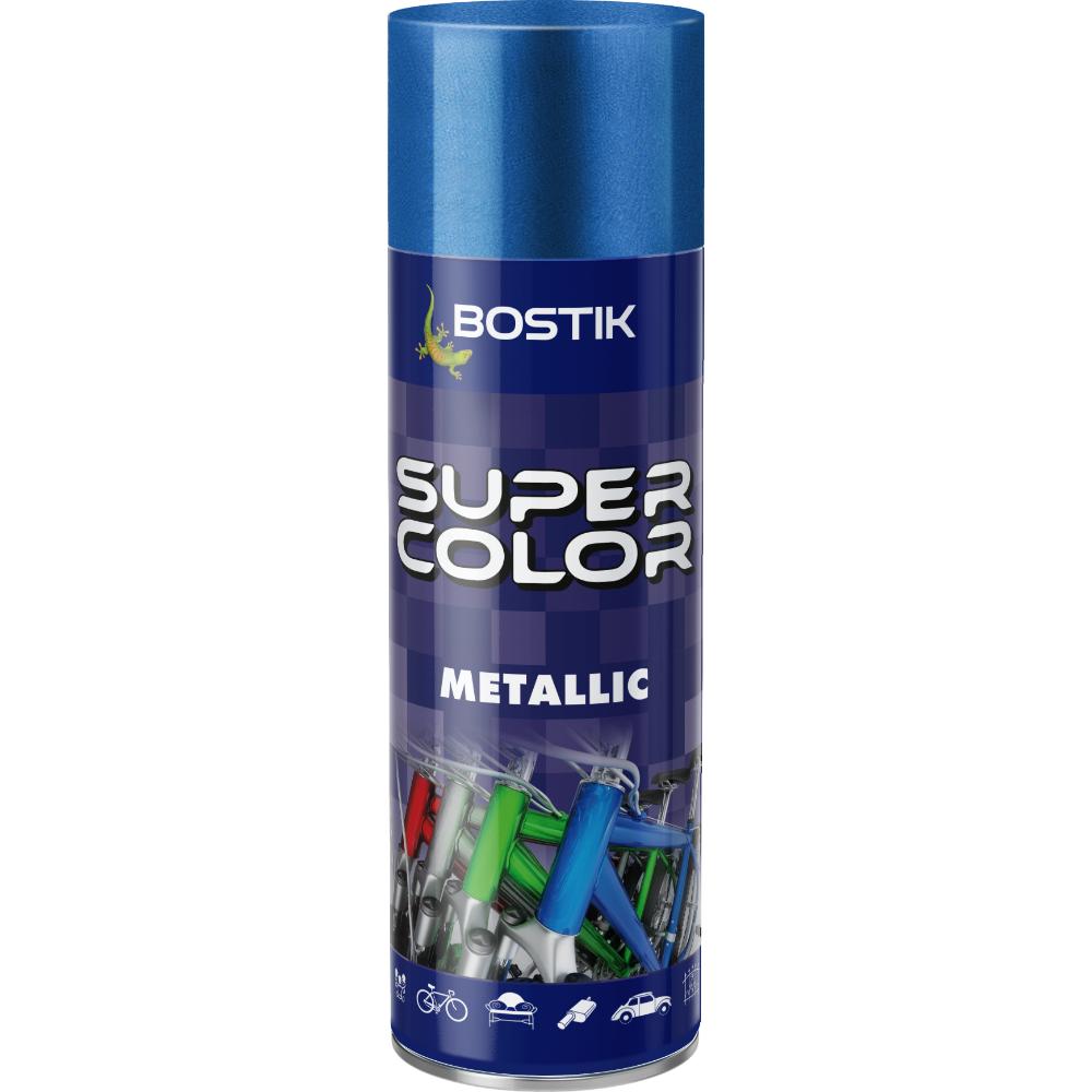 Vopsea spray universala efect metalic Bostik Super Color, albastru, lucios, interior/exterior, 400 ml 400