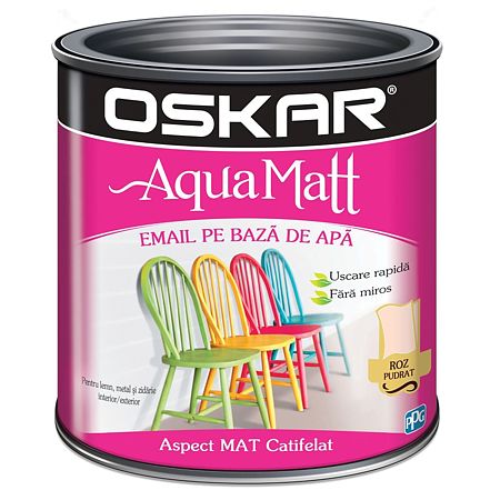 Vopsea pentru lemn/metal, Oskar Aqua Matt, interior/exterior, pe baza de apa, roz pudrat, 0,6 l