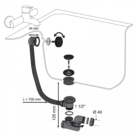 Coloana de cada Wirquin, cu buton ABS si dop Quick-Clack, alb/negru mat, ø40,  70 cm
