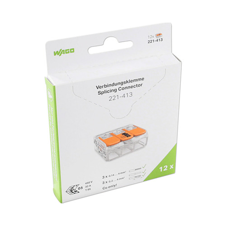 Conector imbinare cu parghii Wago Push Wire 221-413, pentru conductori unifilari, 3 x 4 mmp, 30 A, transparent, 12 bucati Conector imbinare cu parghii Wago Push Wire 221-413, pentru conductori unifilari, 3 x 4 mmp, 30 A, transparent, 12 bucati