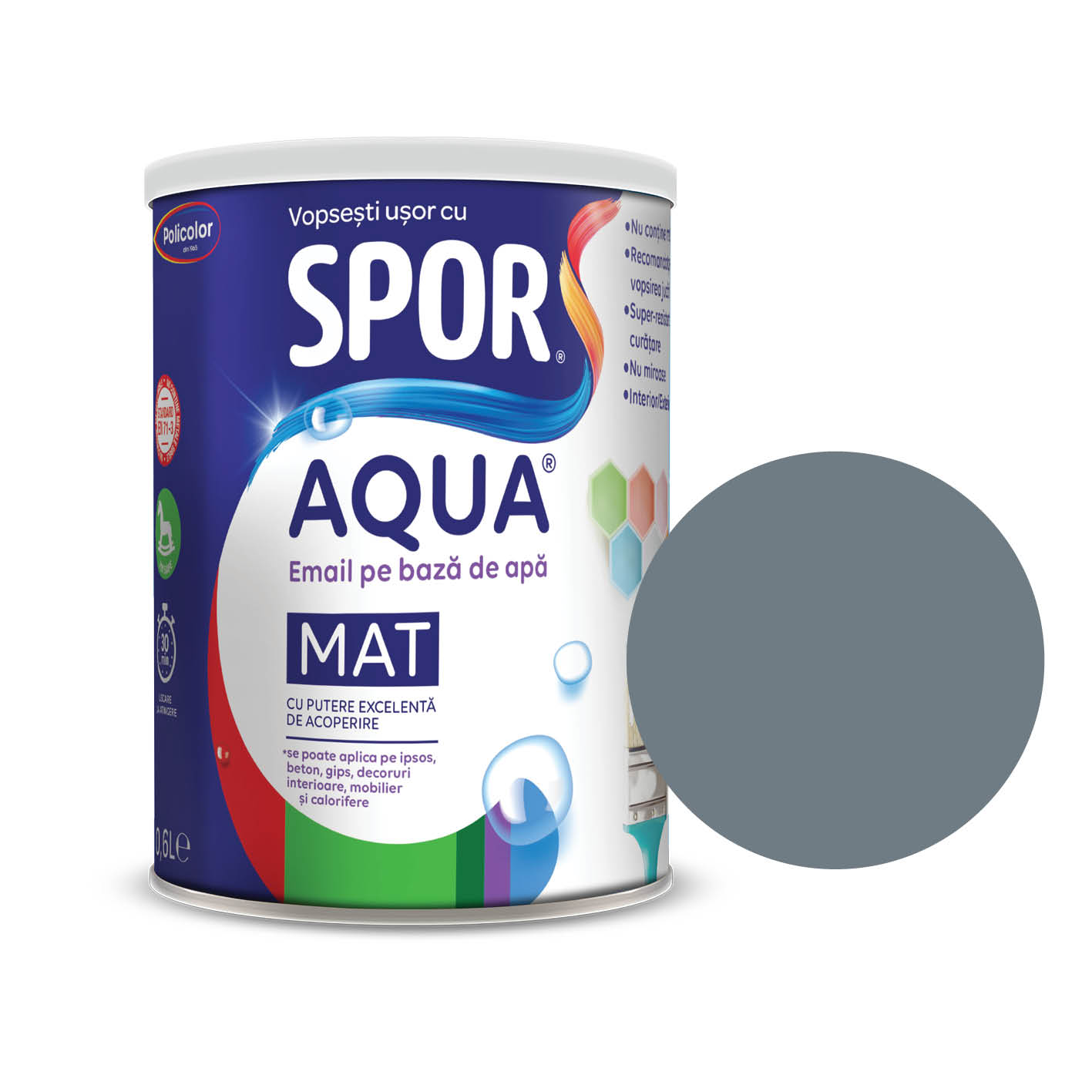 Email mat Spor Aqua, pentru lemn/metal, interior/exterior, pe baza de apa, gri, 0.6 l 0.6