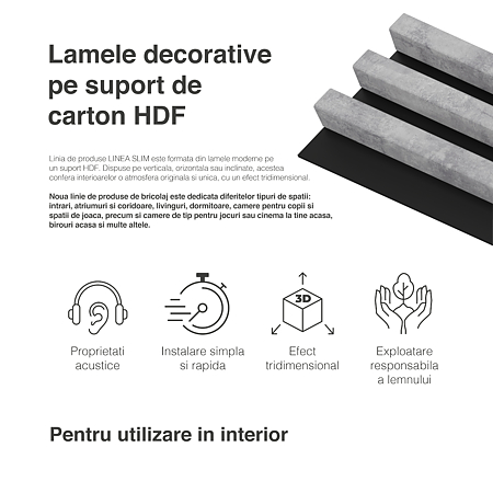 Panou decorativ Linea Slim, 3 lamele, MDF, gri urban/negru, interior, 265 x 15 cm